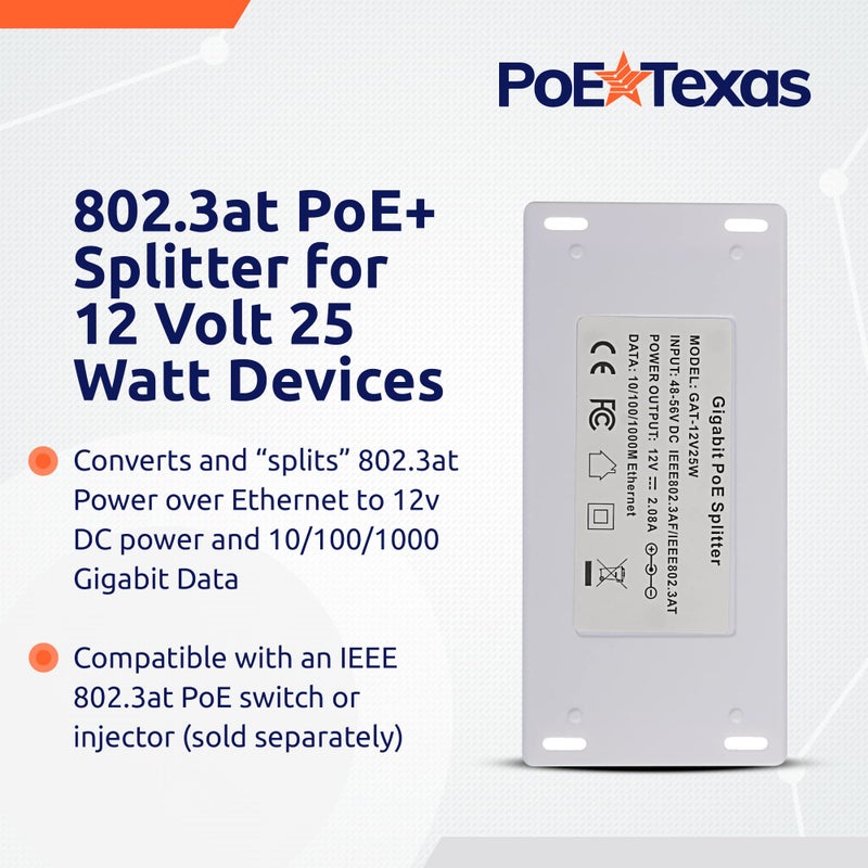 PoE Texas 12 Volt PoE+ - IEEE 802.3at - Splitter Splits Power Over Ethernet to 12v DC & Gigabit Data with Opto-Isolation Protection for 12v 25w Devices, Tablets, Single Board Computers, PTZ Cameras - Image 2